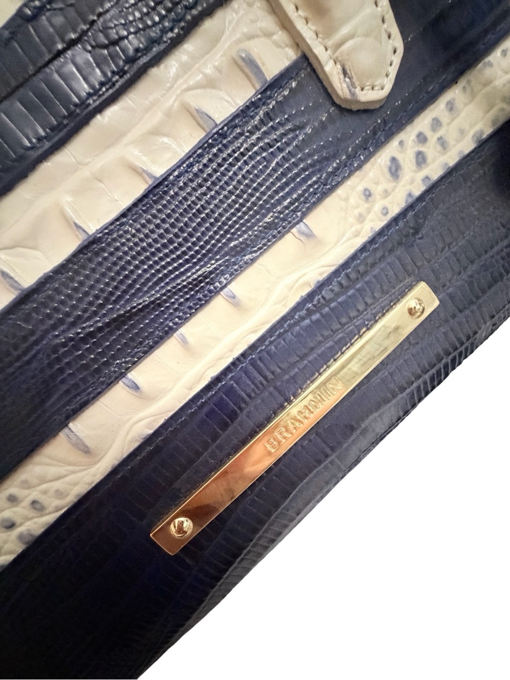 Brahmin navy & white striped melbourne croc embossed satchel + wallet set - Picture 7 of 10